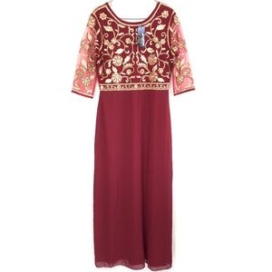 Maner Burgundy Gold Chiffon Maxi Dress. L